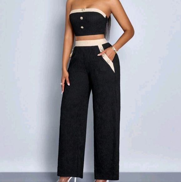 Women's Color-Blocked Button Decoration Crop Tube Top And Pants Set - Picture 4 of 4
